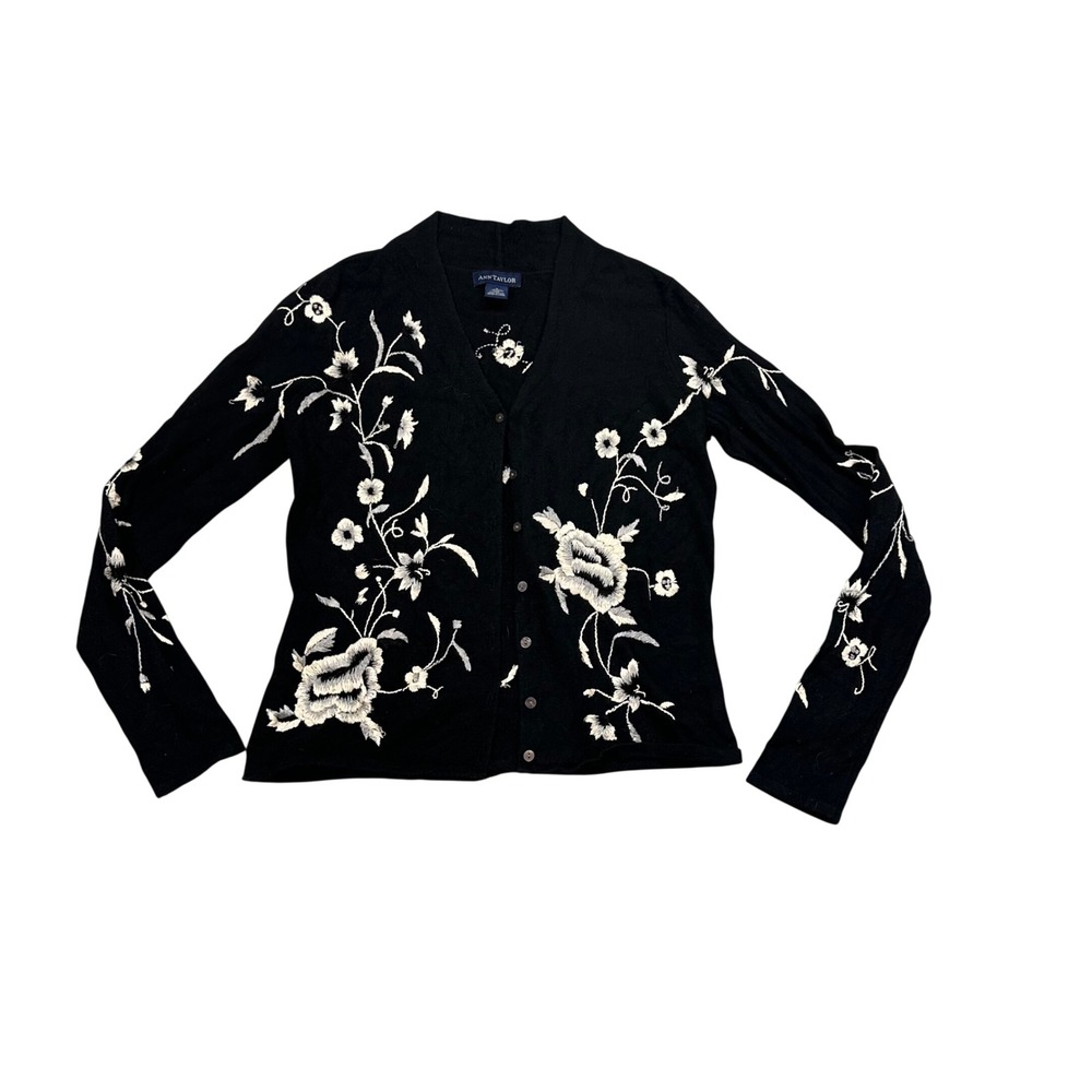 Ann Taylor Black Silk Blend Floral Embroidered Button Front Cardigan Sweater S